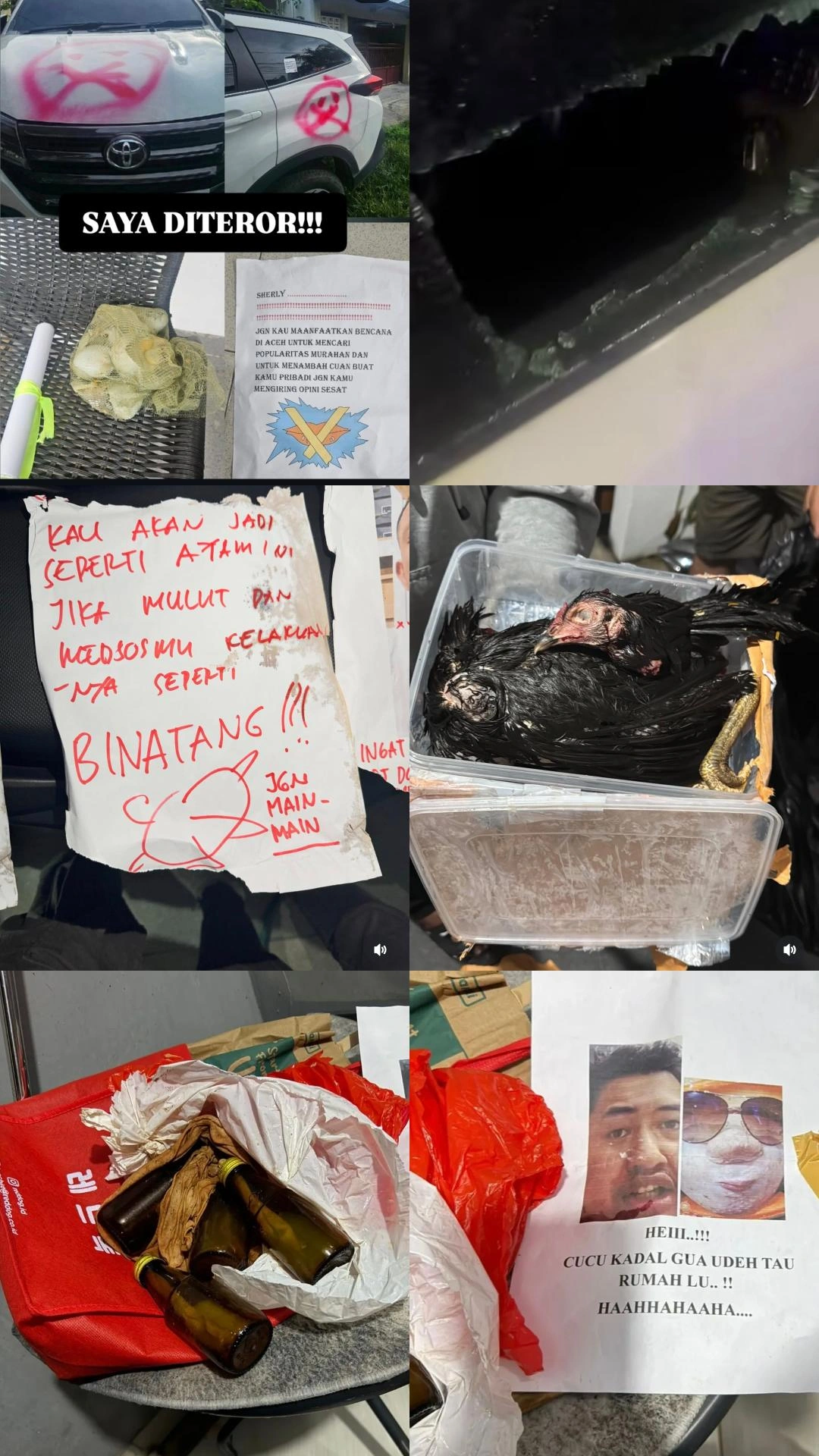 gambar telur ayam, ayam mati, dan surat ancaman teror pada influencer.