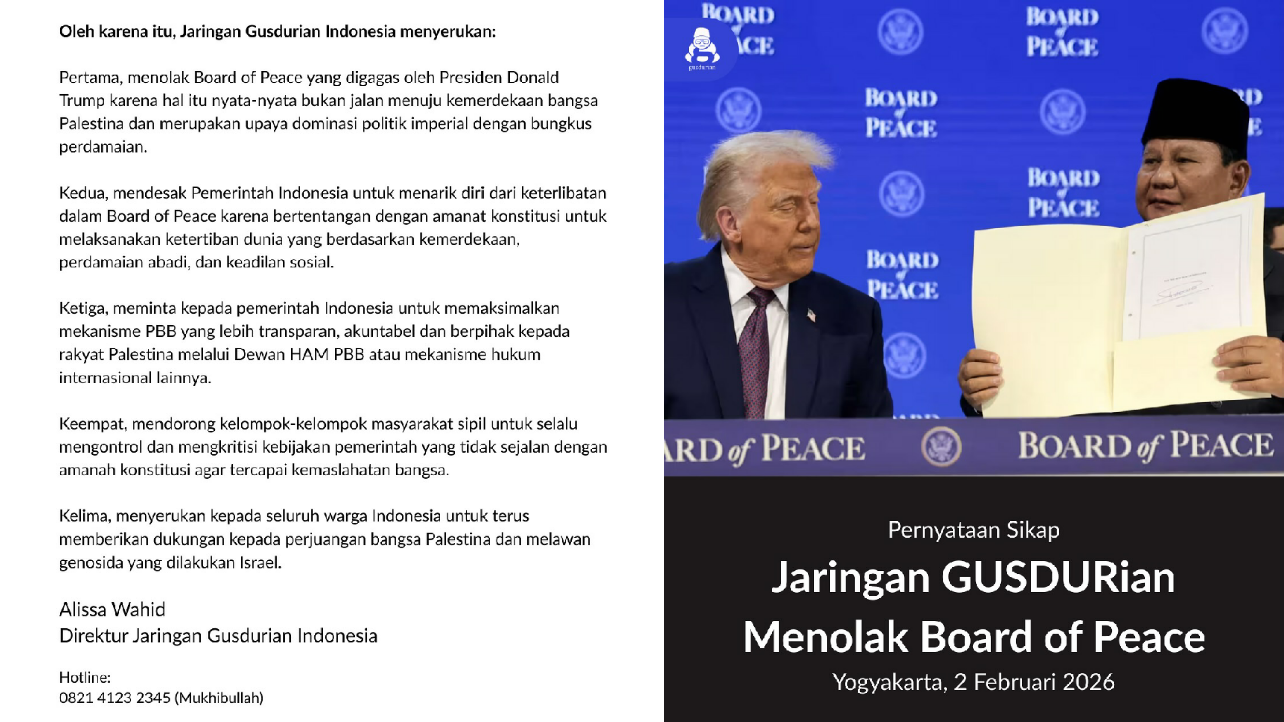 Jaringan GUSDURian Tolak Board of Peace, Desak Pemerintah Indonesia Tarik Diri