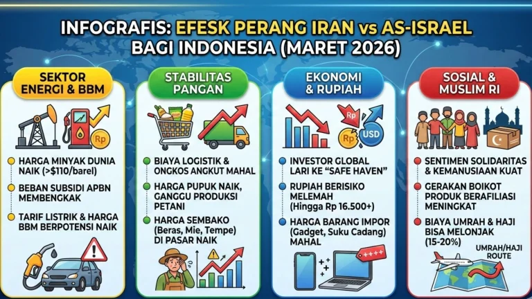 Infografis dampak perang Iran vs AS-Israel 2026 terhadap ekonomi, harga BBM, dan umat Muslim Indonesia.