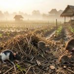 Visualisasi realistis beberapa ekor tikus di area persawahan berkabut sebagai representasi vektor Hantavirus dalam tinjauan biopolitik.