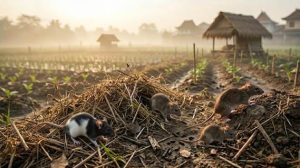 Visualisasi realistis beberapa ekor tikus di area persawahan berkabut sebagai representasi vektor Hantavirus dalam tinjauan biopolitik.