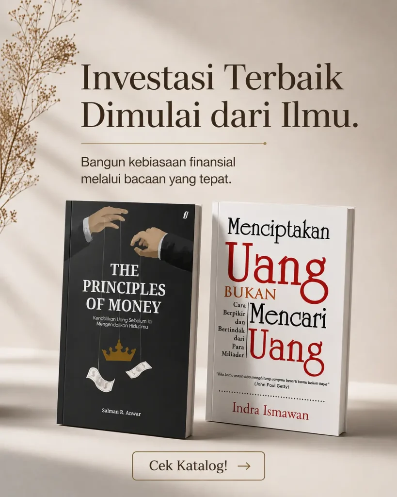 Banner promosi dua buku finansial The Principles of Money dan Menciptakan Uang Bukan Mencari Uang dengan ajakan membangun kebiasaan finansial melalui bacaan.