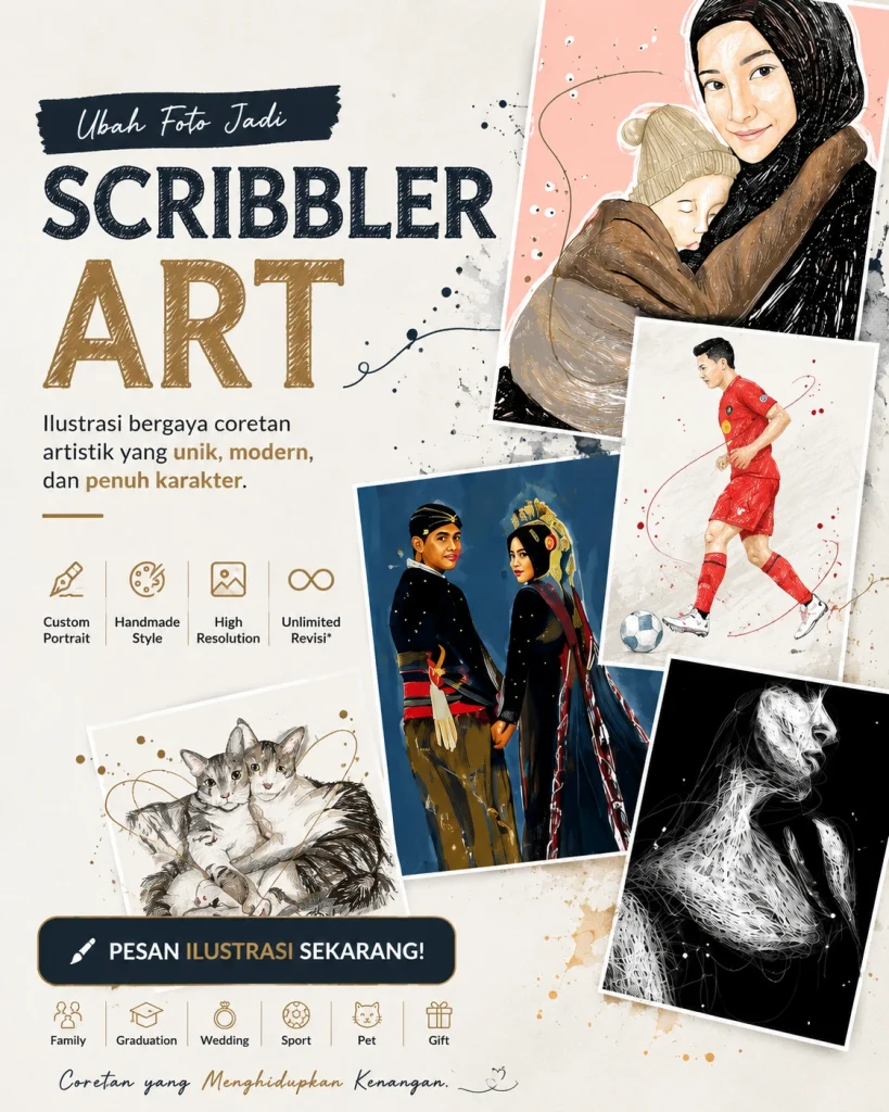 promo jasa ilustrasi Scribbler Art custom yang mengubah foto menjadi ilustrasi bergaya coretan artistik untuk pasangan, keluarga, hewan peliharaan, dan portrait.