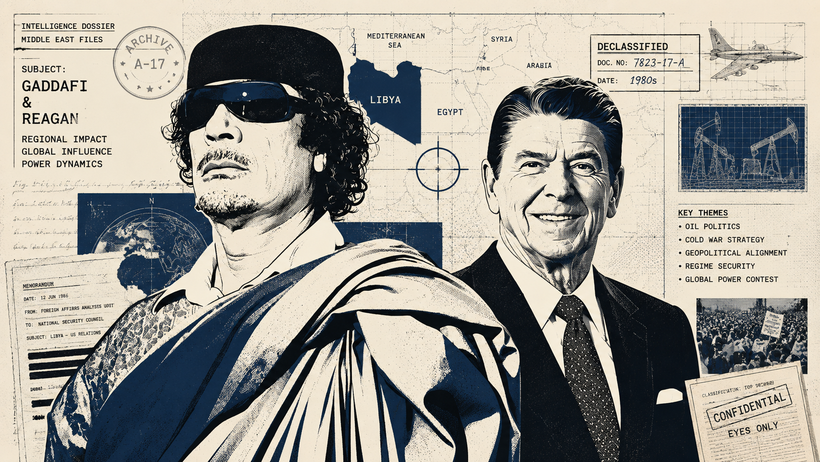 Ilustrasi editorial Muammar Gaddafi dan Ronald Reagan dalam analisis hubungan Libya-AS pada era Perang Dingin.