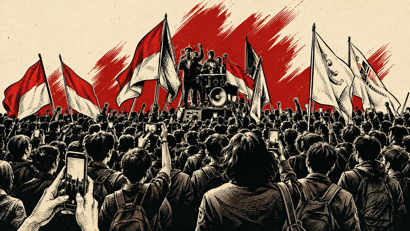 Ilustrasi massa demonstrasi dan penyebaran hoaks video lama di media sosial